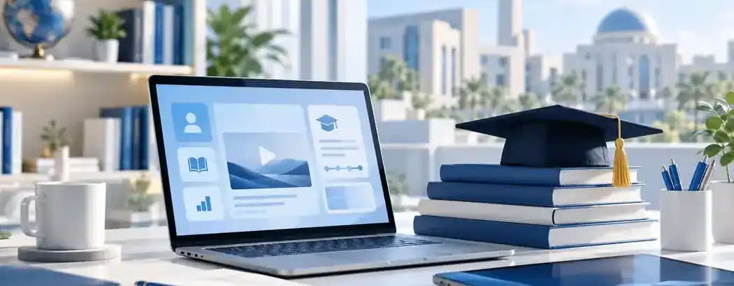 مشهد توضيحي للدراسة الإلكترونية عبر الحاسوب والمواد التعليمية